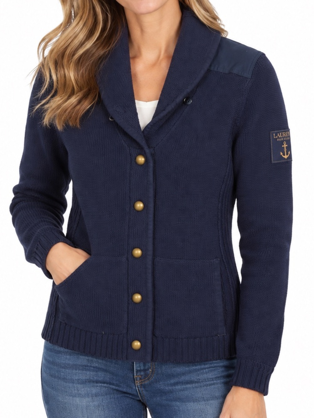 Lauren Ralph Lauren Petite PL Navy 100% Cotton Shawl Collar Cardigan Jacket